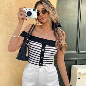 Women's Sleeveless Off-the-Shoulder Sweater, Casual Striped Knitted Pullover.